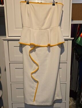 Strapless Ivory Peplum Midi Dress with Yellow Trim